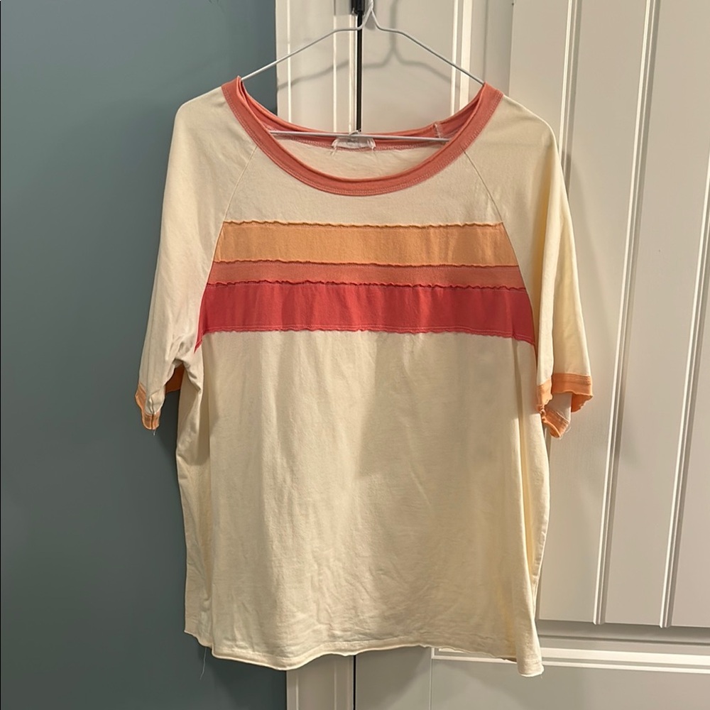 Easel Cream and Coral Striped Short Sleeve Tee